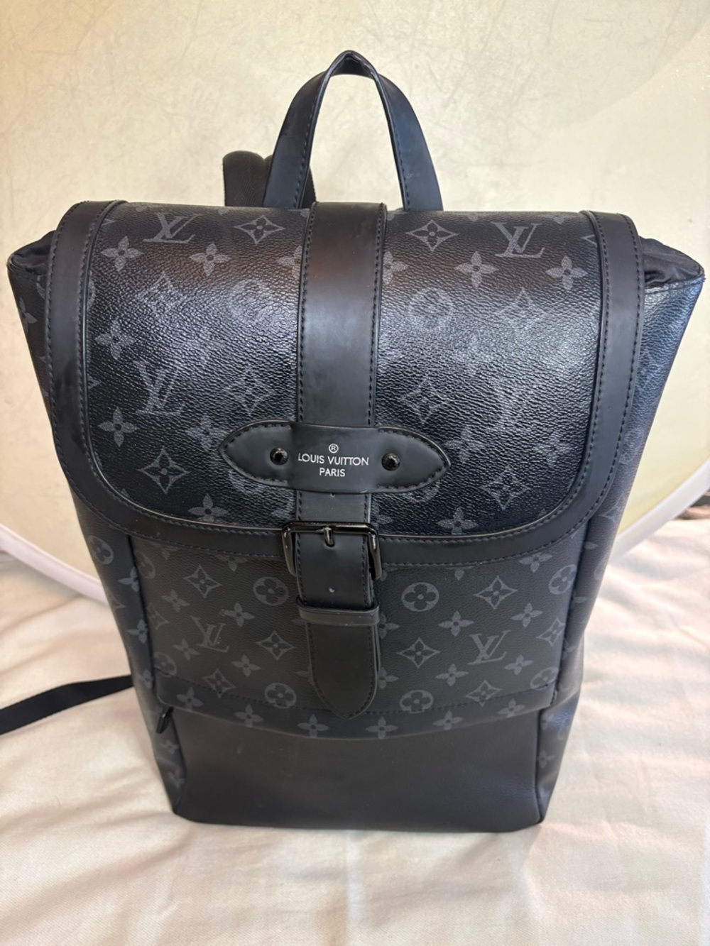 Louis Vuitton Monogram Eclipse Saumur Black Backpack with Front Buckle